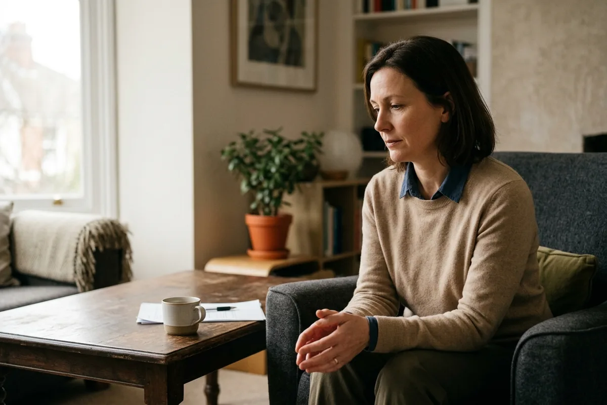 A woman sitting alone in a living room, hands folded, looking down