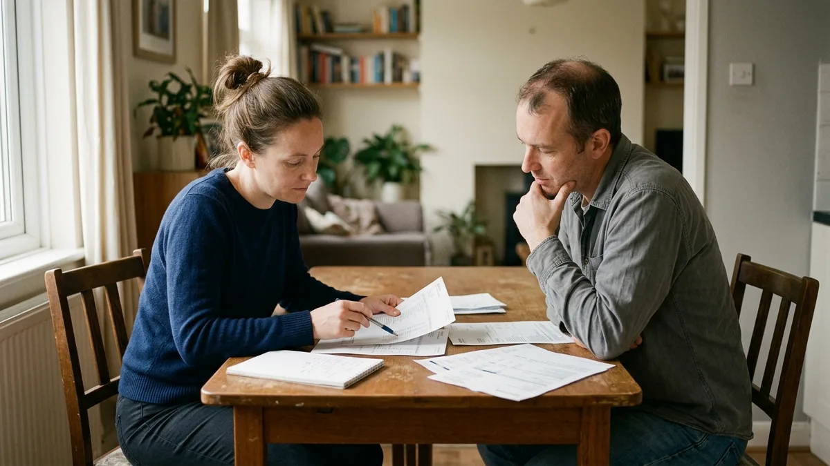 A woman writing and a man reading paperwork at a table beside a window