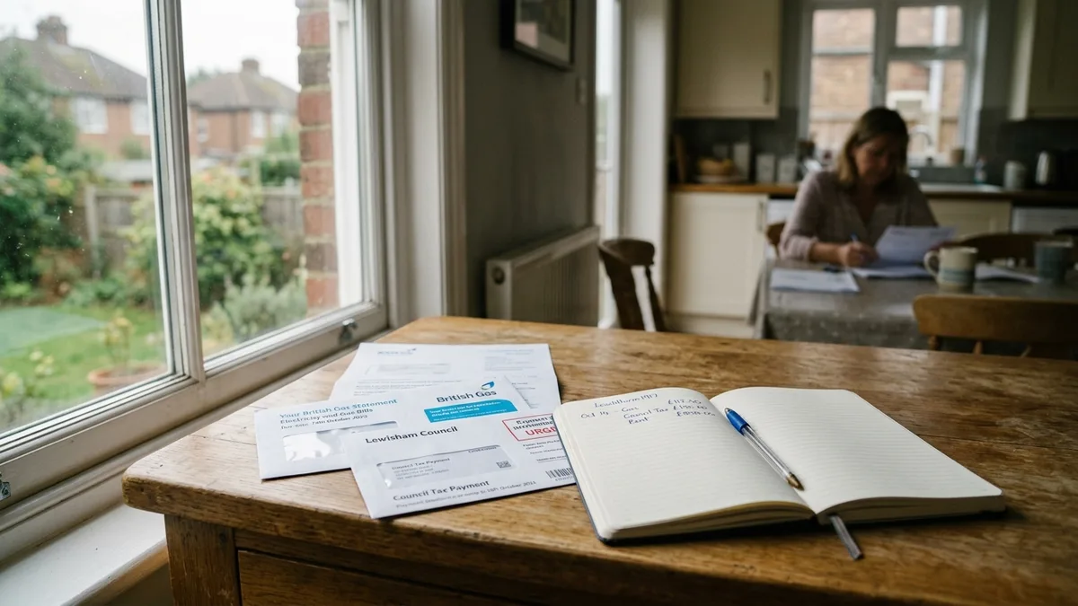 Council and utility letters beside an open notebook, a woman reading in the background