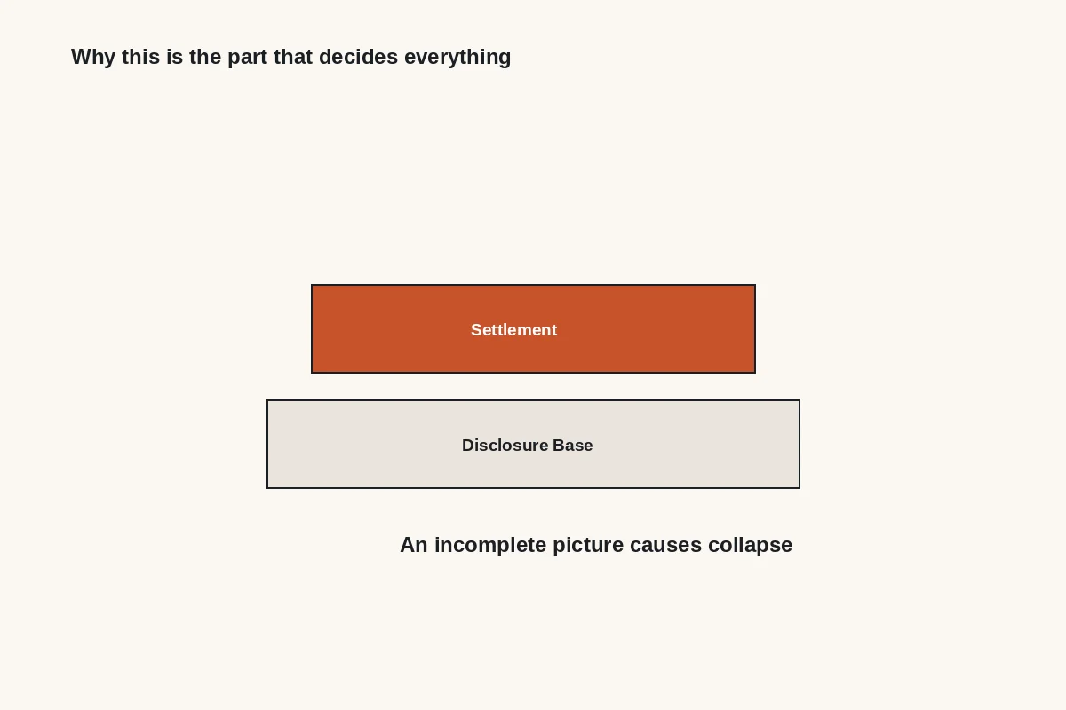 Diagram: settlement rests on a disclosure base; an incomplete picture causes collapse
