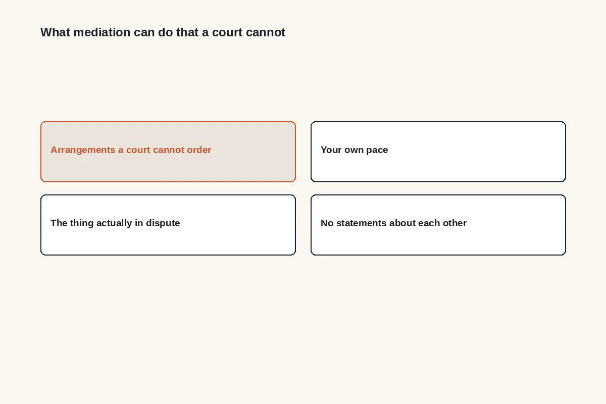 Diagram: what mediation can do that a court cannot: arrangements a court cannot order, your own pace, the thing actually in dispute, no statements about each other
