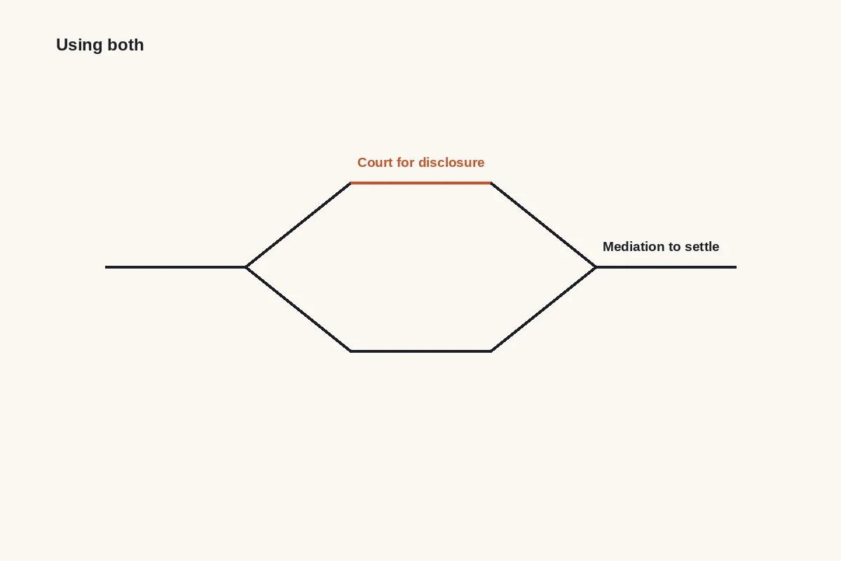 Diagram: court for disclosure, then mediation to settle, as one combined route