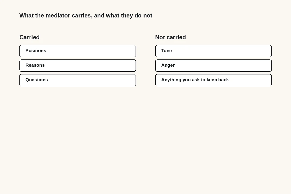 Diagram: the mediator carries positions, reasons and questions, and does not carry tone, anger or anything you ask to keep back