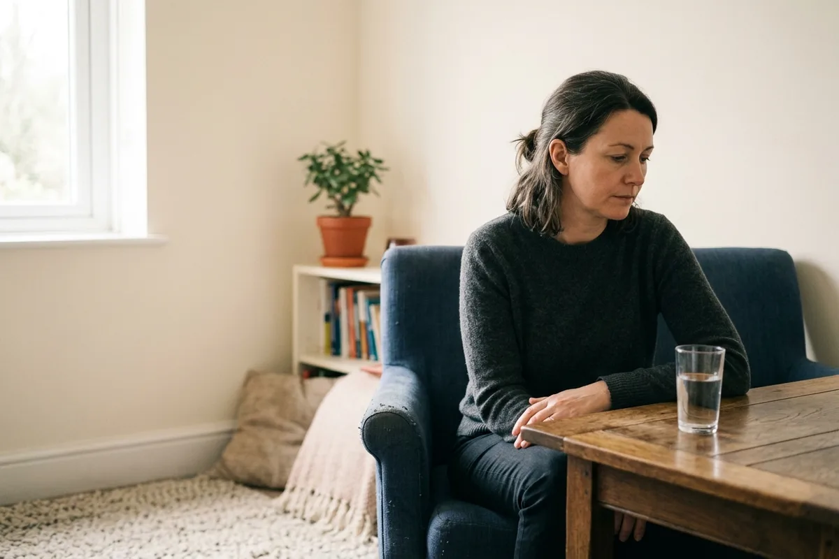 A woman sitting alone in an armchair beside a table with a glass of water