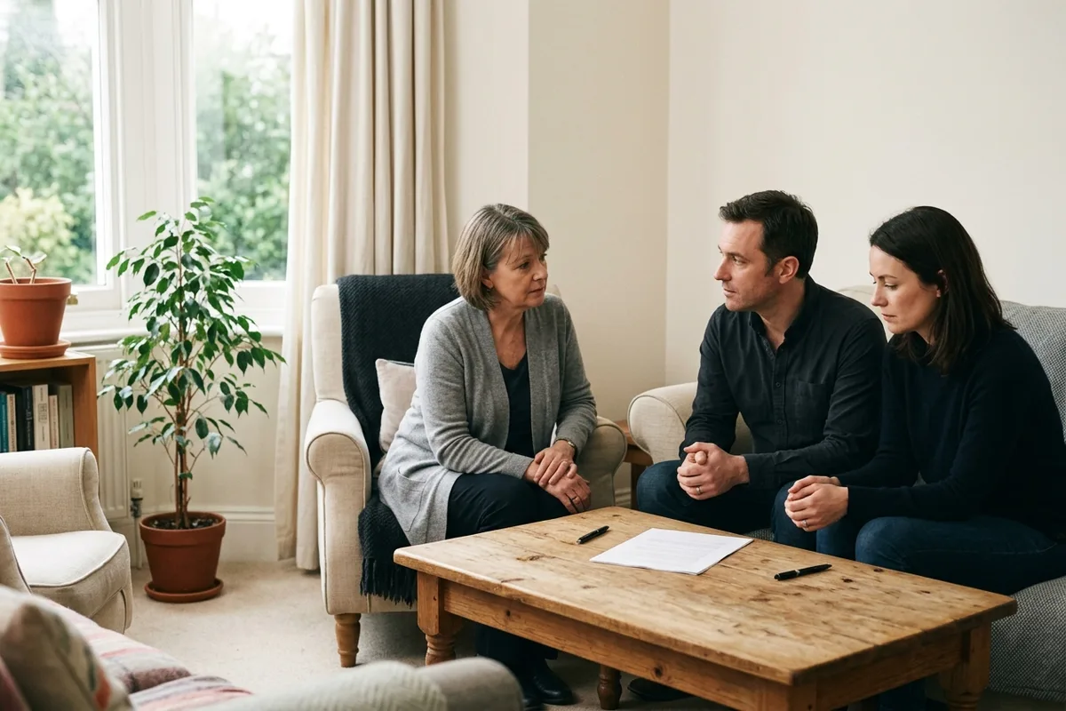 Three people in a sitting room, two on a sofa and one opposite, a document on the table