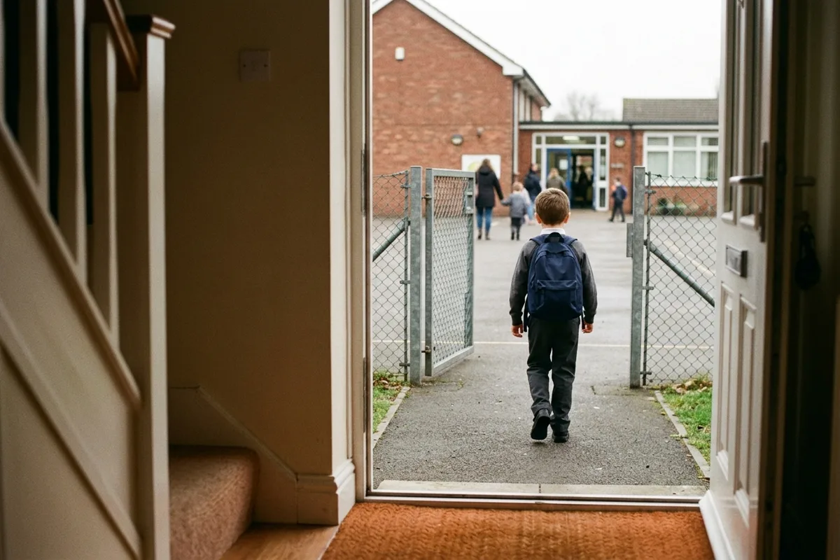 A child walking through a school gate seen from a doorway