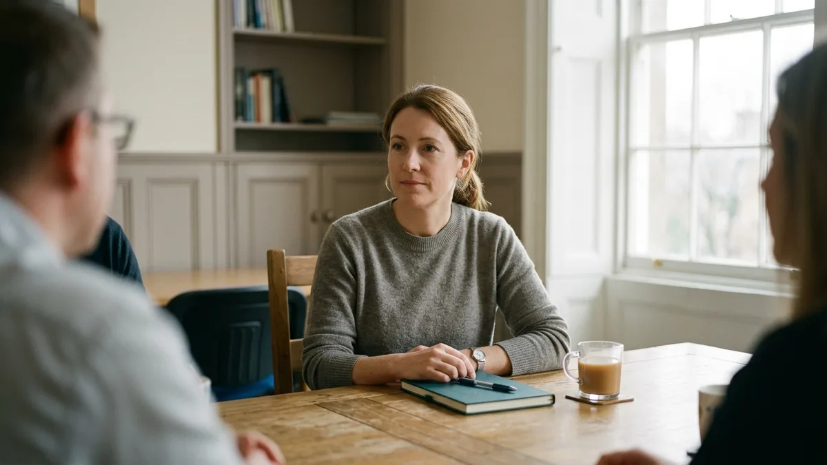 A mediator listening at a table by a window, a client's shoulder in the foreground
