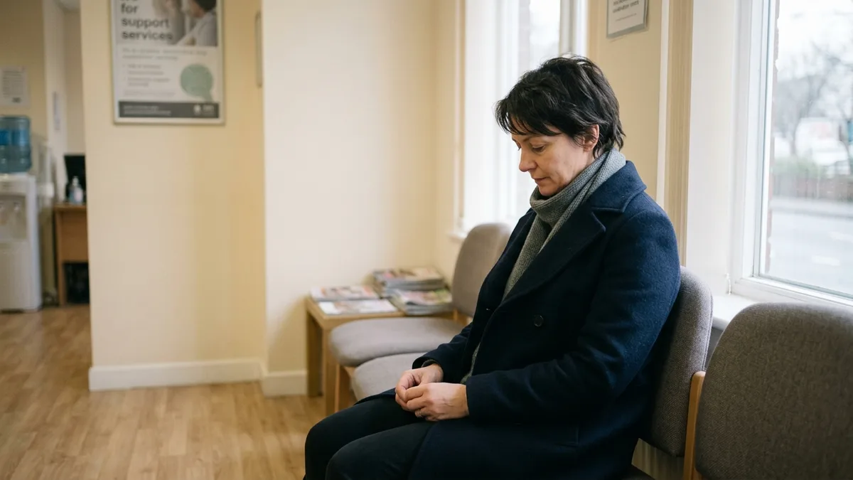 A woman sitting alone in a waiting area, coat still on, looking down
