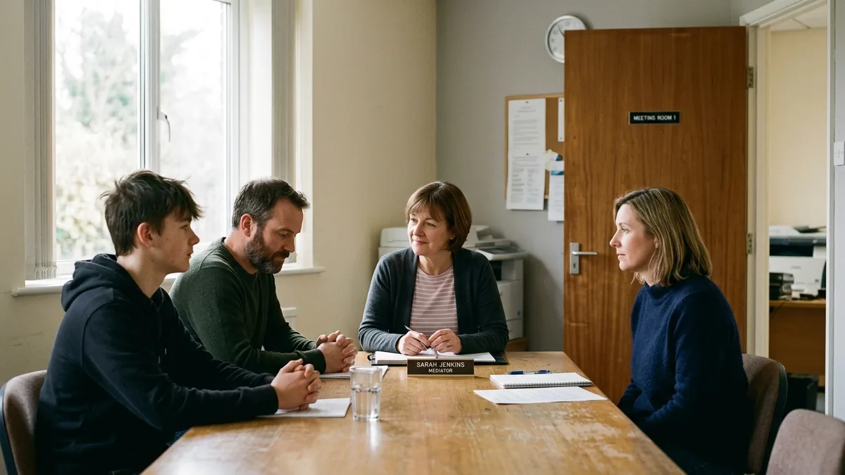 Four people around a table in a small meeting room, papers in front of them