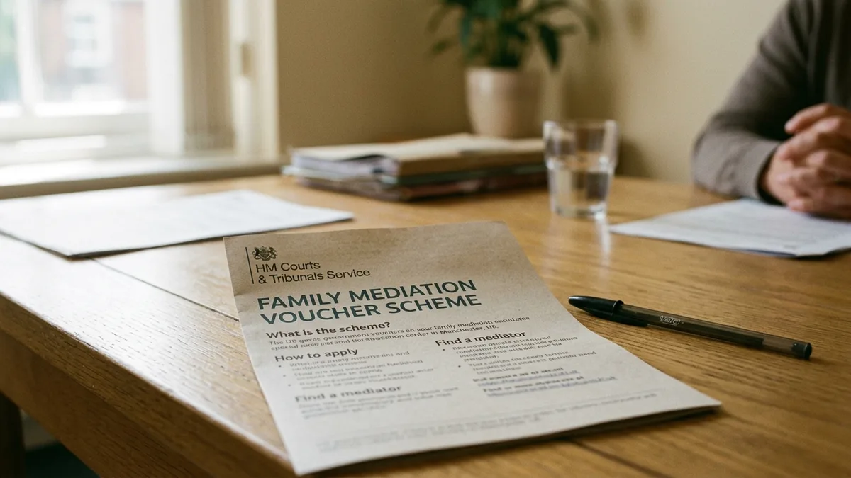 A Family Mediation Voucher Scheme leaflet on a table with a pen and a glass of water