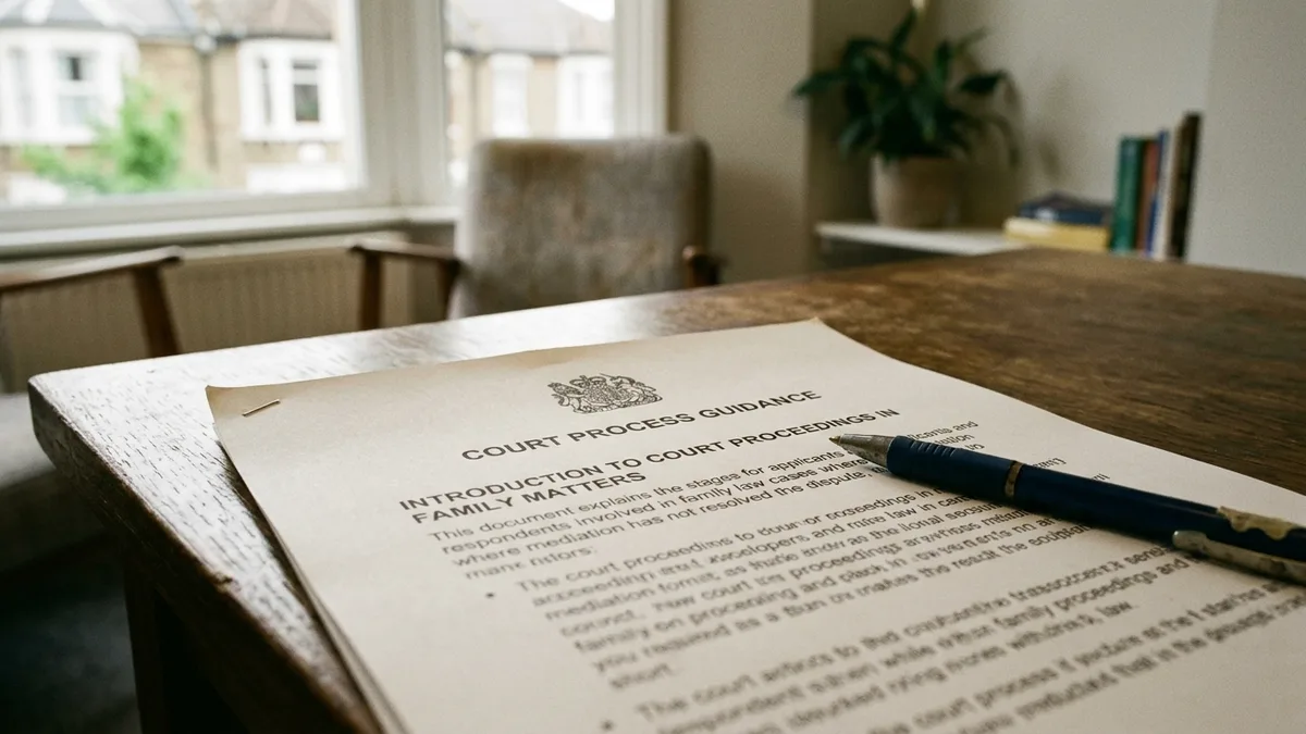 A printed court process guidance sheet and a pen on a wooden table