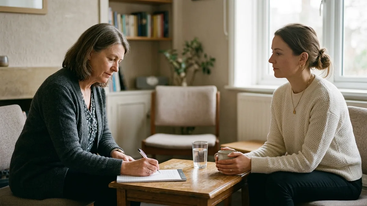 A mediator taking notes across a small table from a client