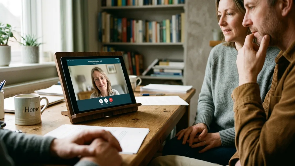 A couple watching a mediator on a laptop video call at a kitchen table